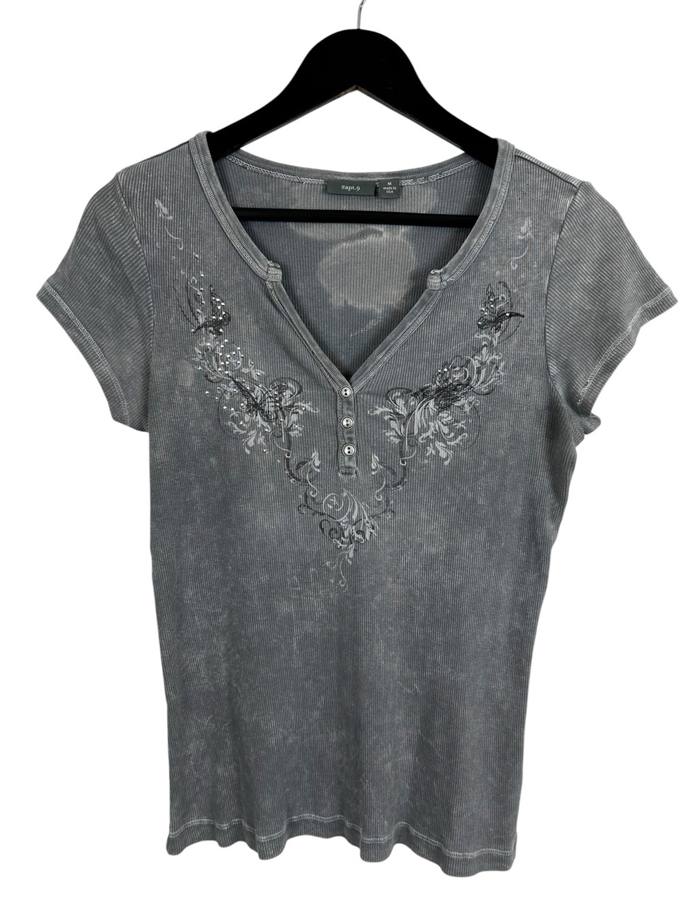Apt 9 Grey Butterfly Graphic Short Sleeve T-Shirt Size Medium Y2K Bedazzled